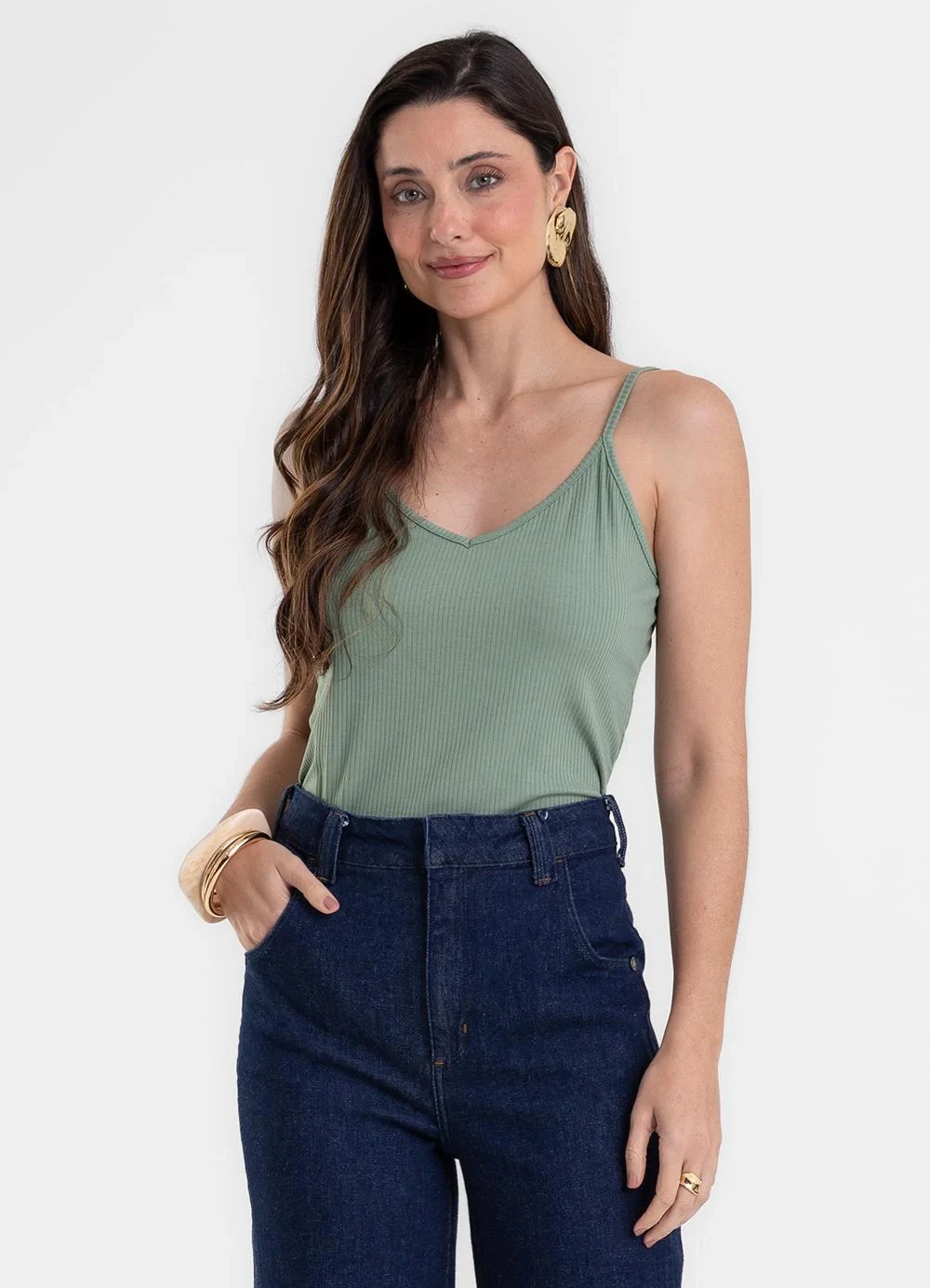 Rovitex - Blusa de Alça Feminina Canelada Verde