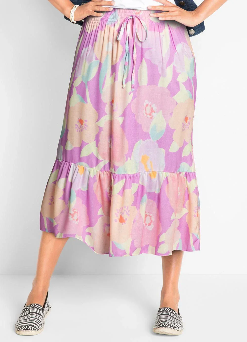 bonprix - Saia Floral Borrado em Viscose Plana