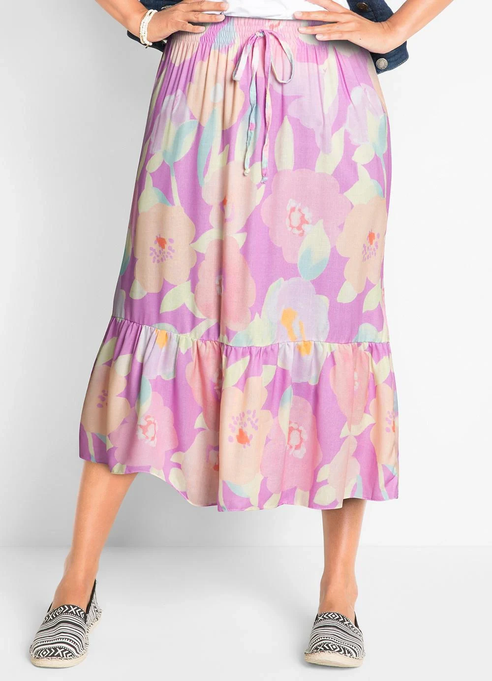 bonprix - Saia Floral Borrado em Viscose Plana