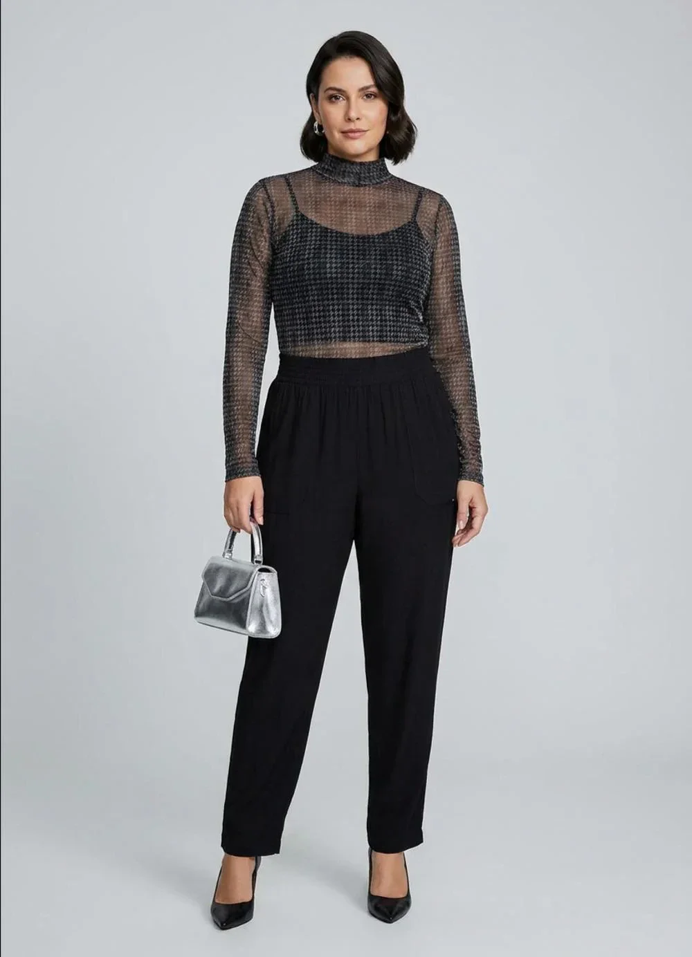 Marialícia - Calça Feminina Creponada com Bolsos Preto