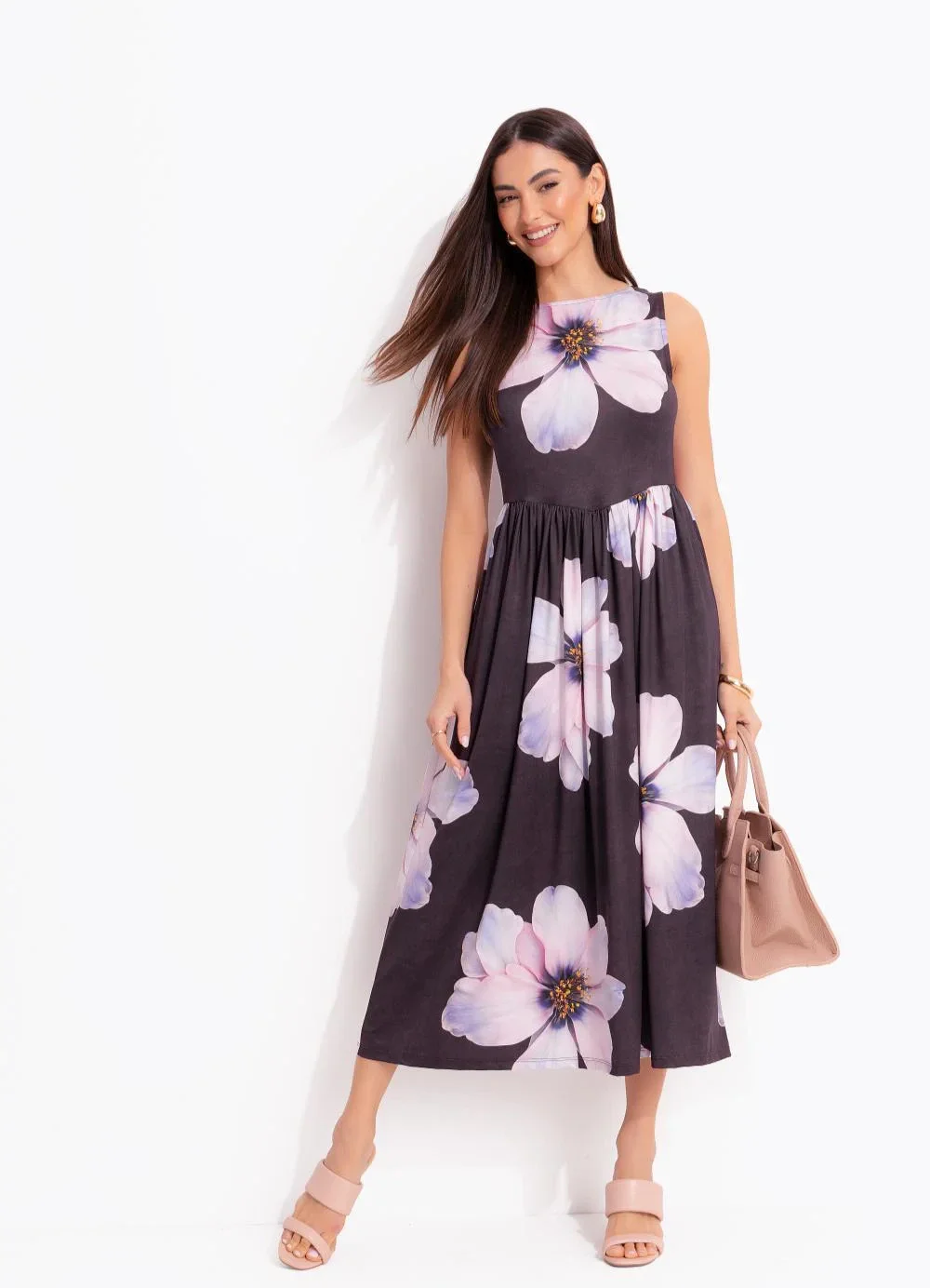 Quintess - Vestido Floral Maxi em Malha Fria