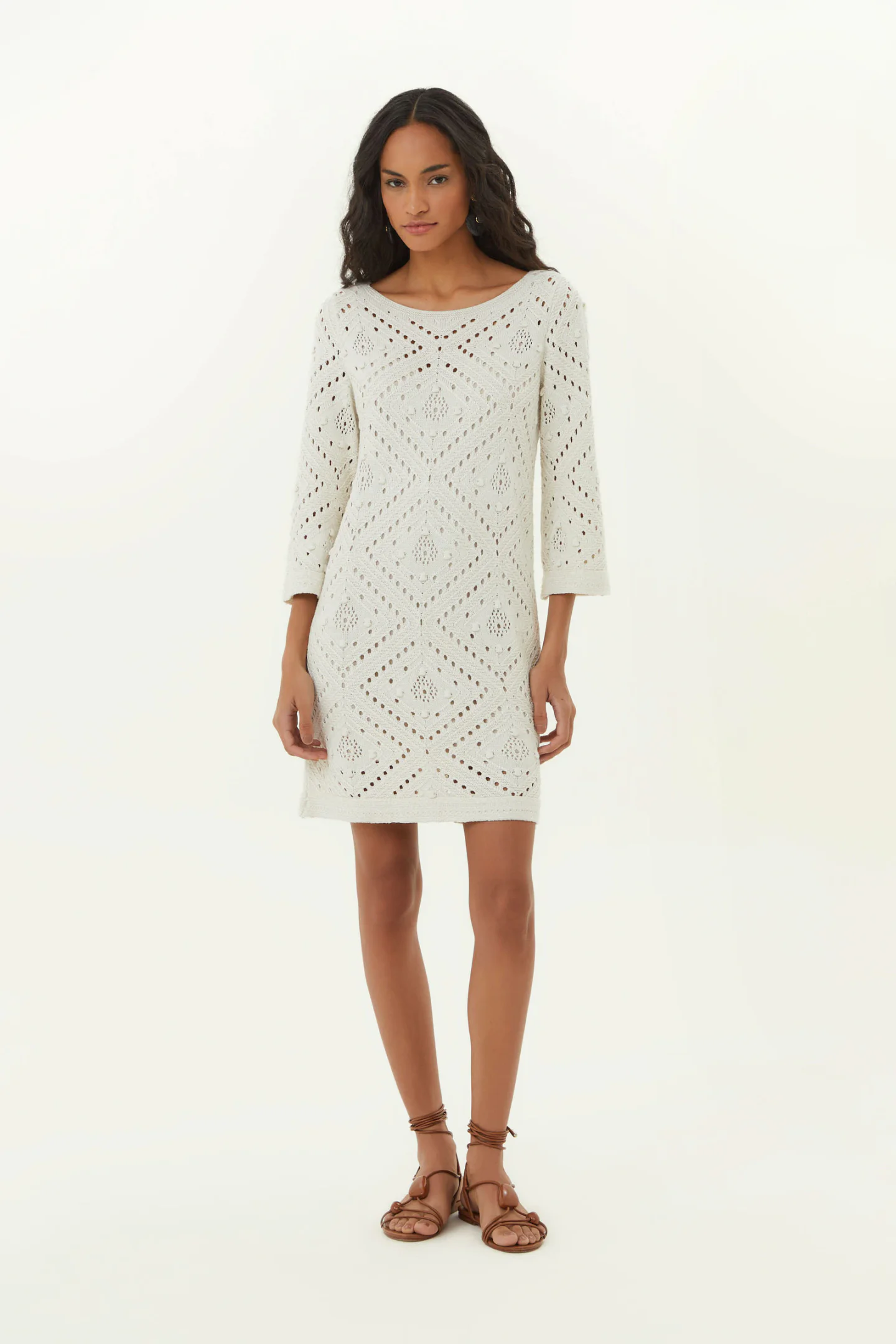 Vestido Curto Tricot Ponto Crochet