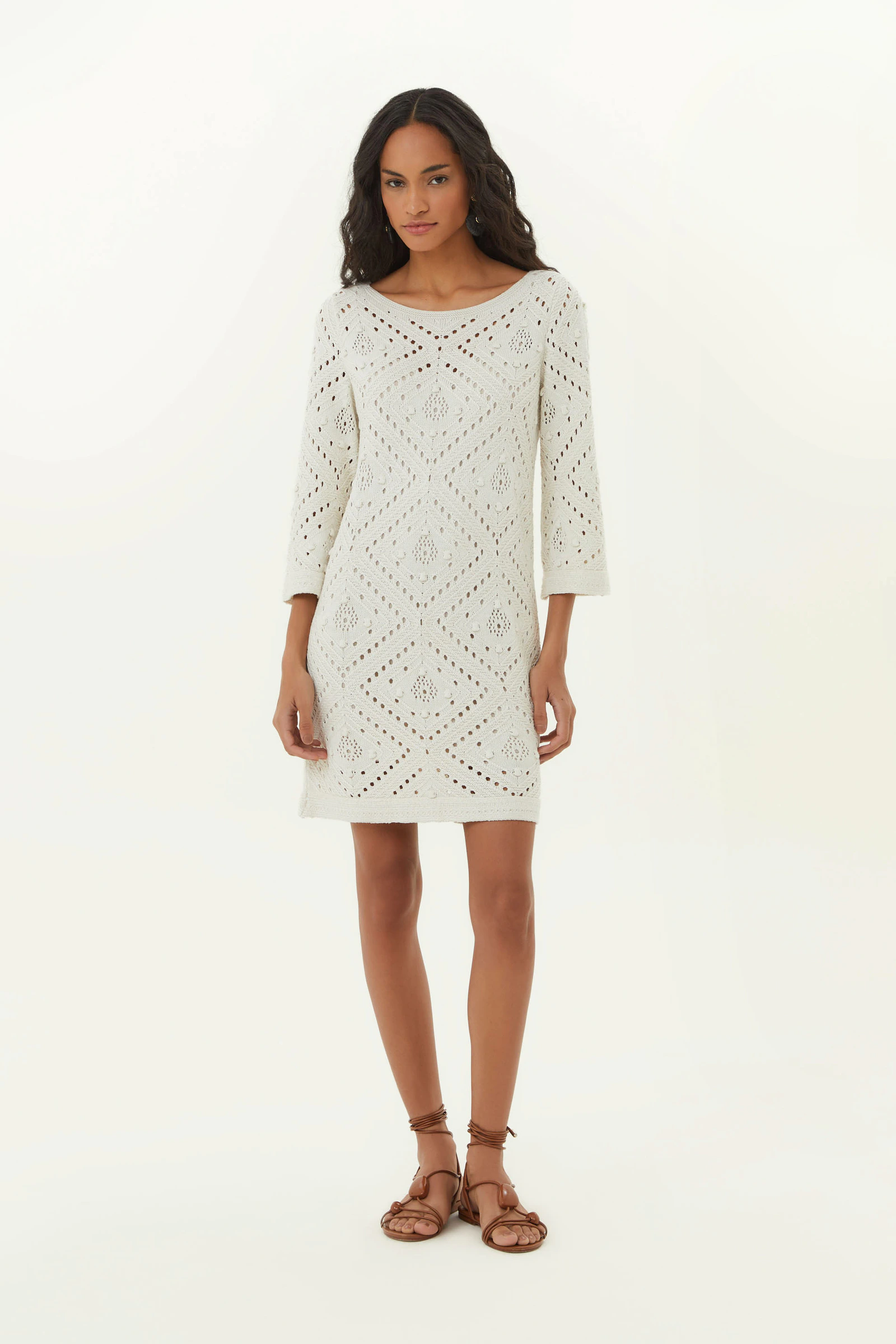 Vestido Curto Tricot Ponto Crochet