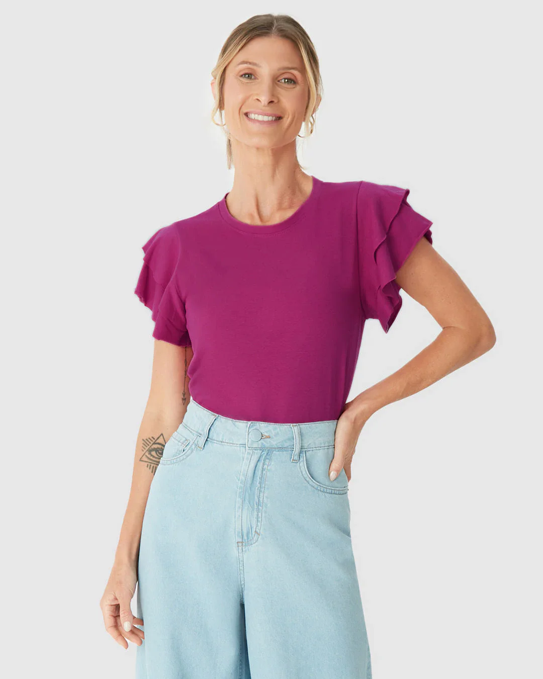 Blusa Feminina Manga Babados Em Malha Linho