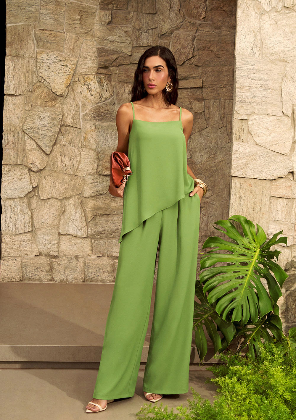 Blusa Zinco Solta Decote Reto Sem Manga Padrão Verde