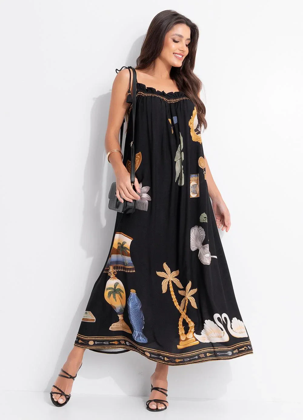 Farm - Vestido Longo Bibelo Preto