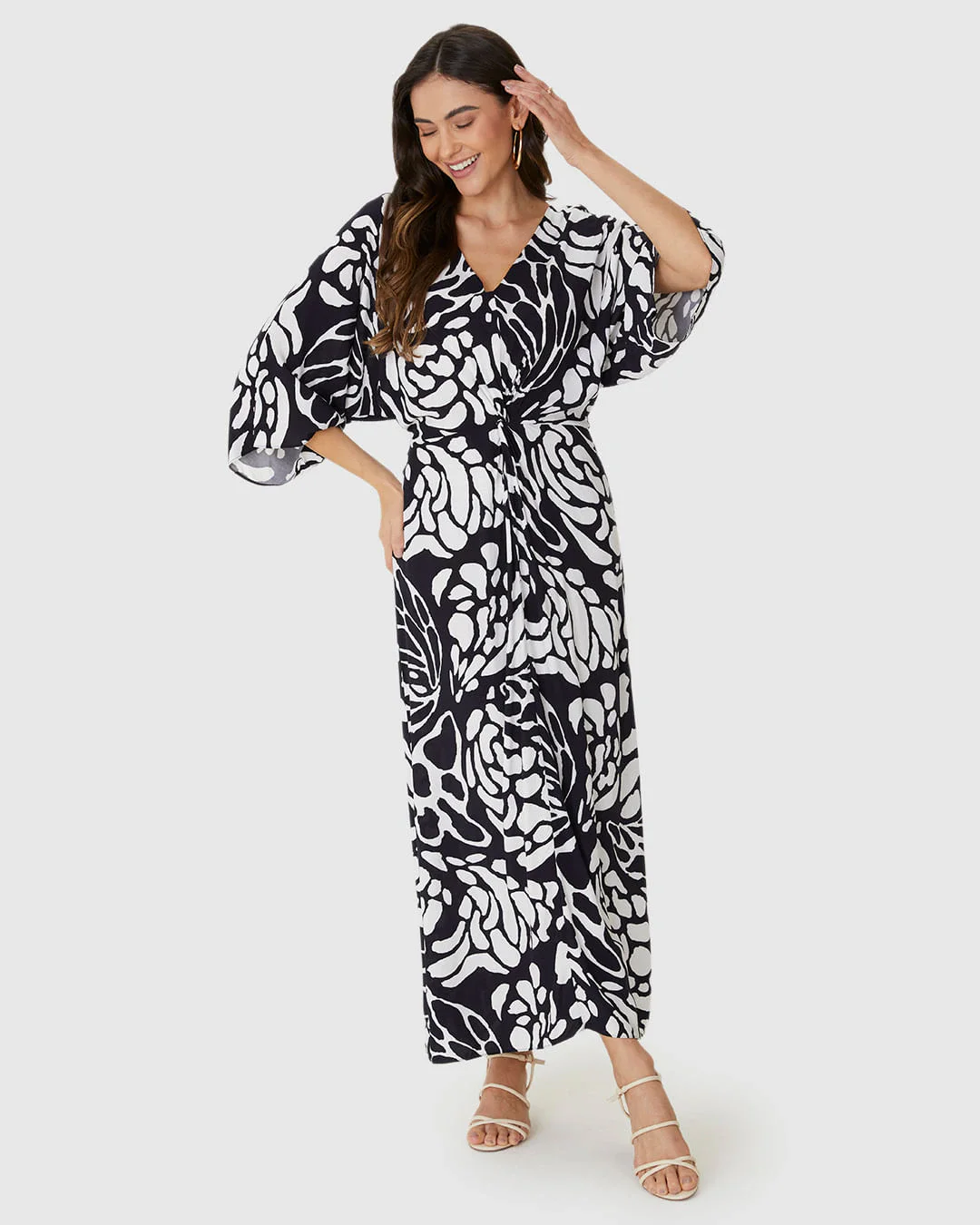 Vestido Midi Feminino Estampado Decote V Torção Frontal Em Viscose