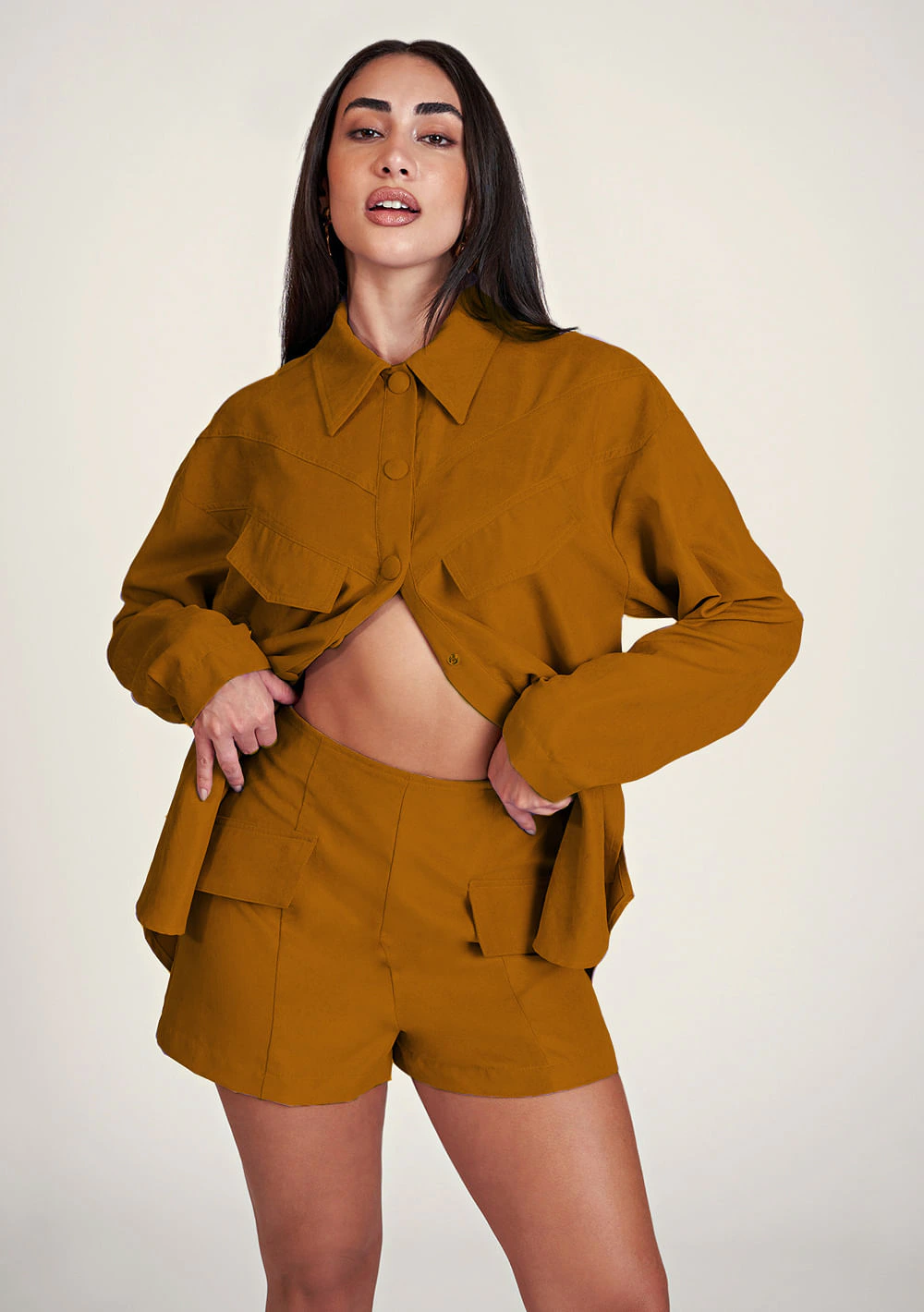 Shorts Zinco Linha A Com Lapela Caramelo