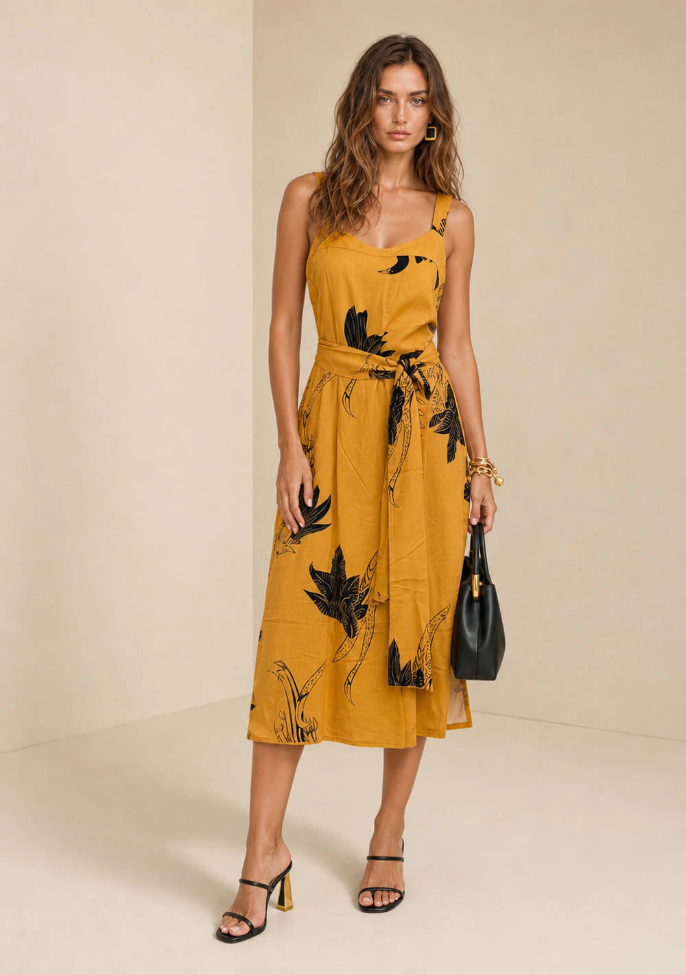 Vestido Solto Decote V Com Alça Midi Amarelo