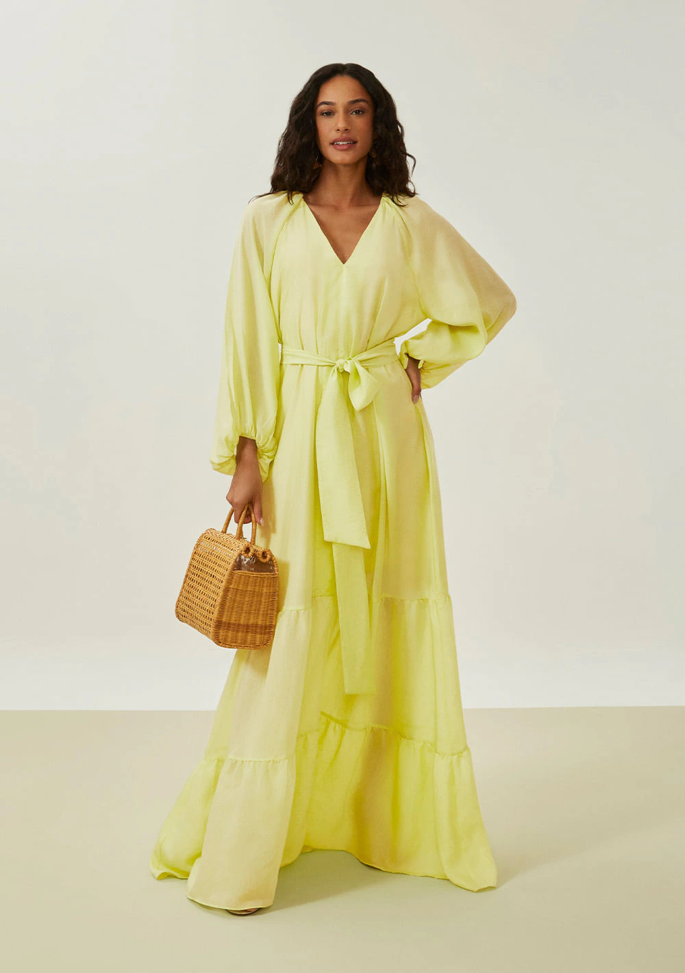 Vestido Maria.Valentina Solto Decote V Manga Longa Longo Verde