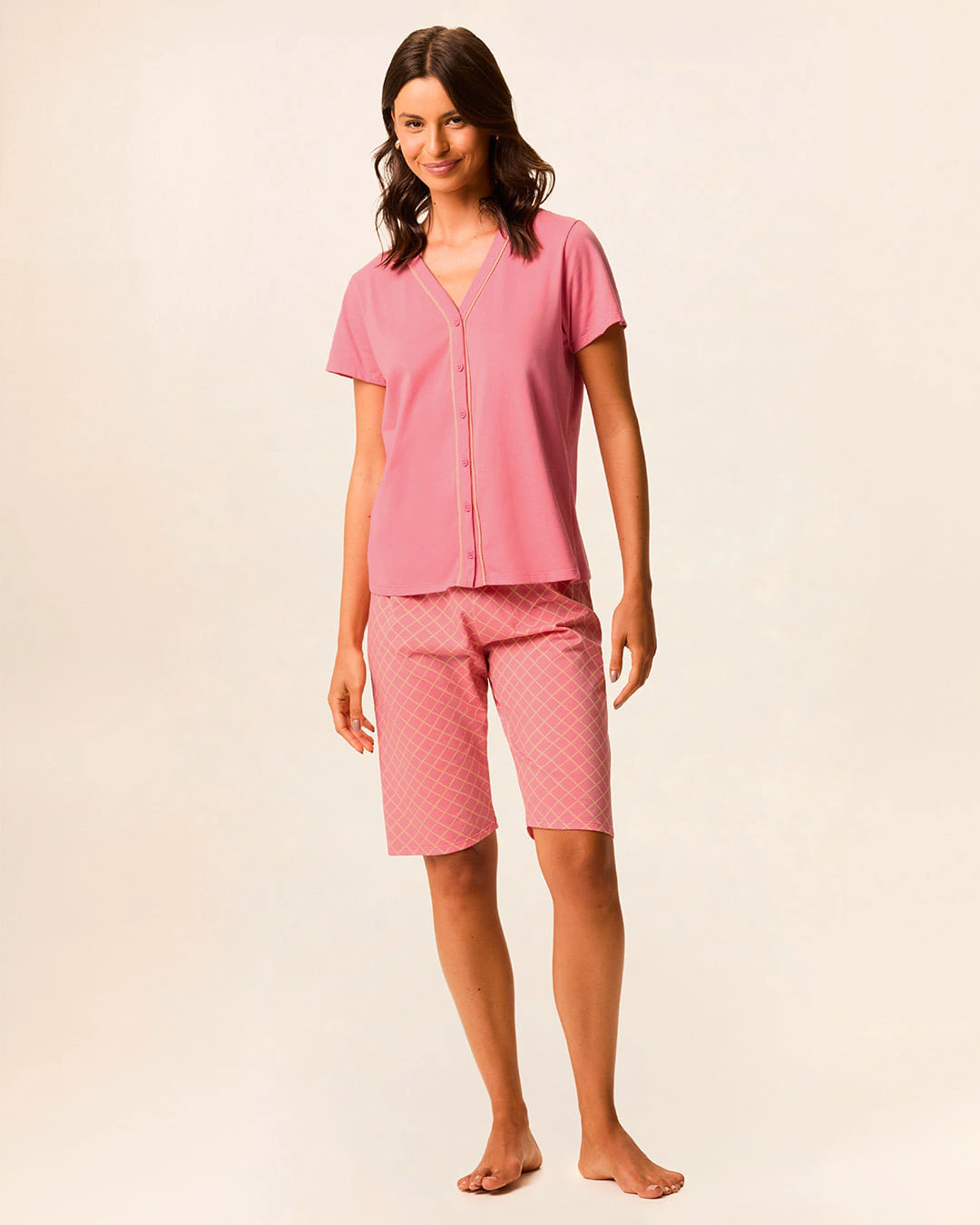Pijama Curto Feminino Camisa Abotoamento Frontal E Bermuda Em Algodão