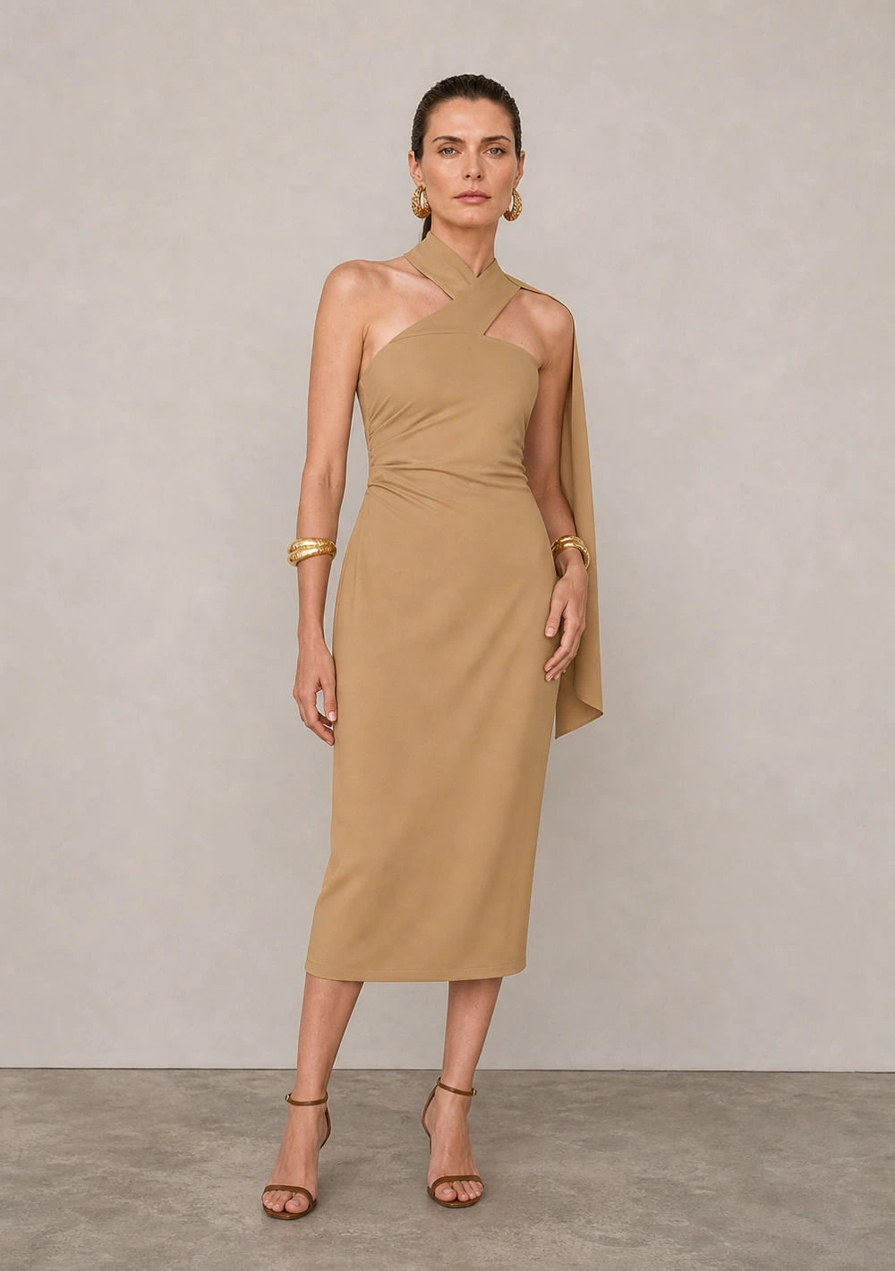 Vestido Um Ombro Só Midi Carmine Bege Claro