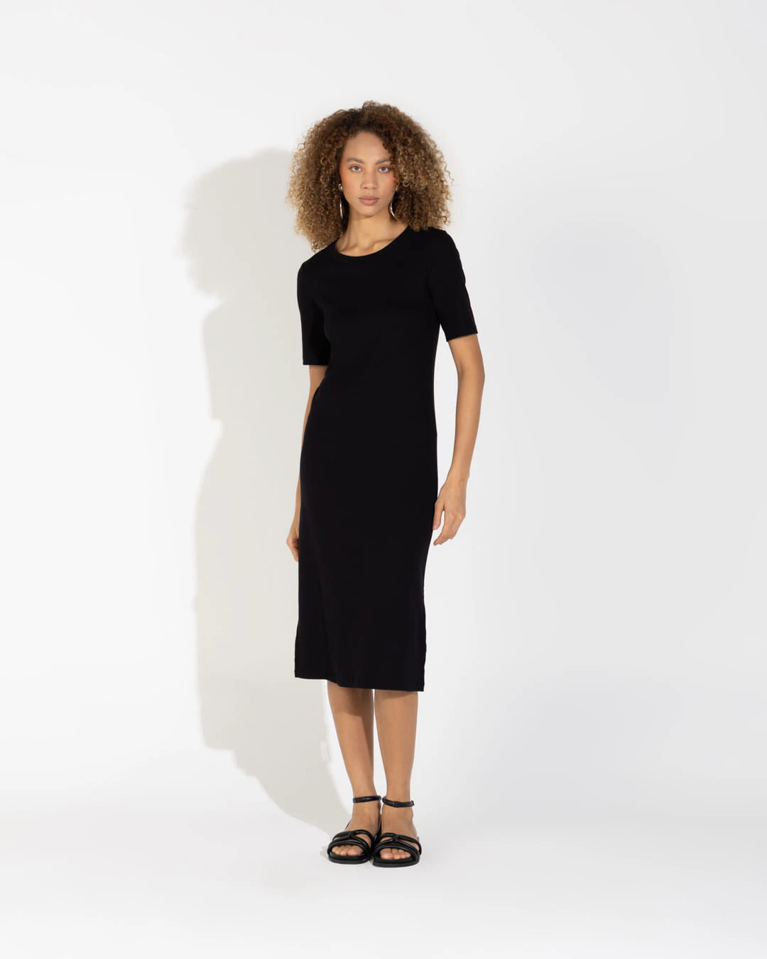 Vestido Midi Canelado Algodão Manga Curta