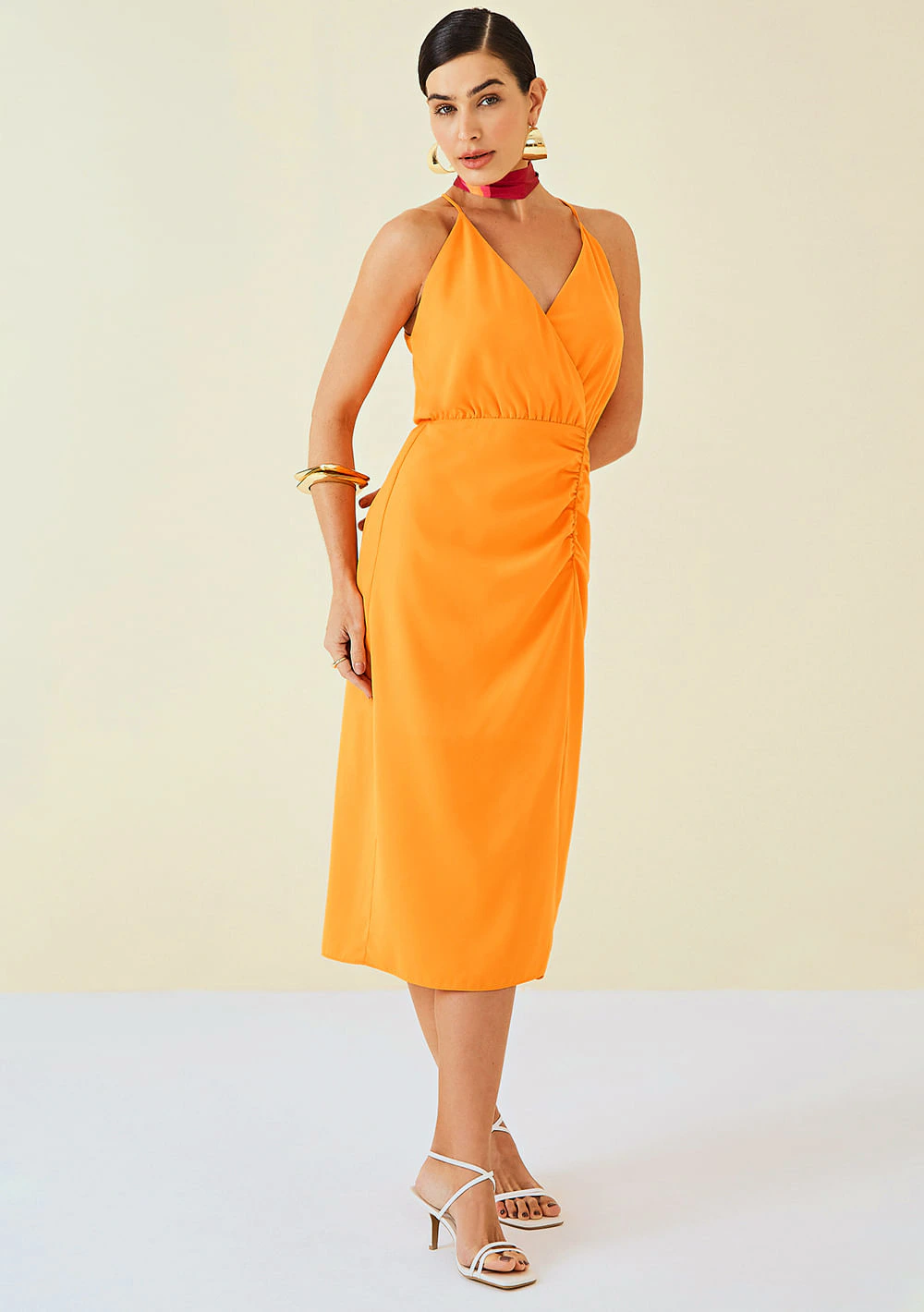Vestido Maria.Valentina Midi Decote V Com Drapeado Laranja