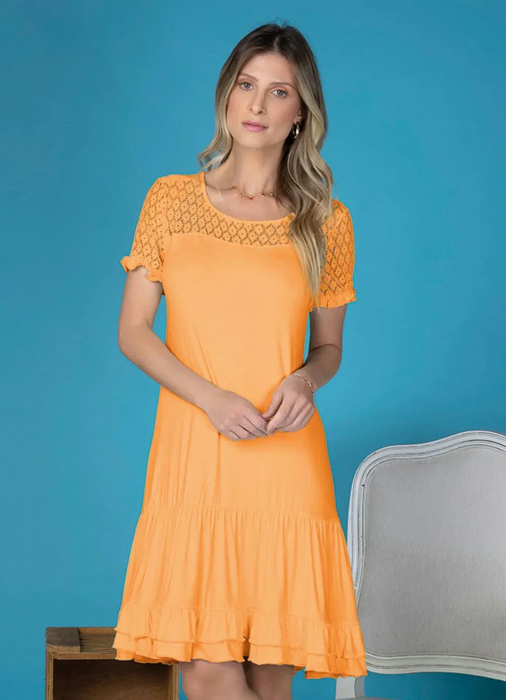 bonprix - Vestido com Babadinhos e Renda Laranja