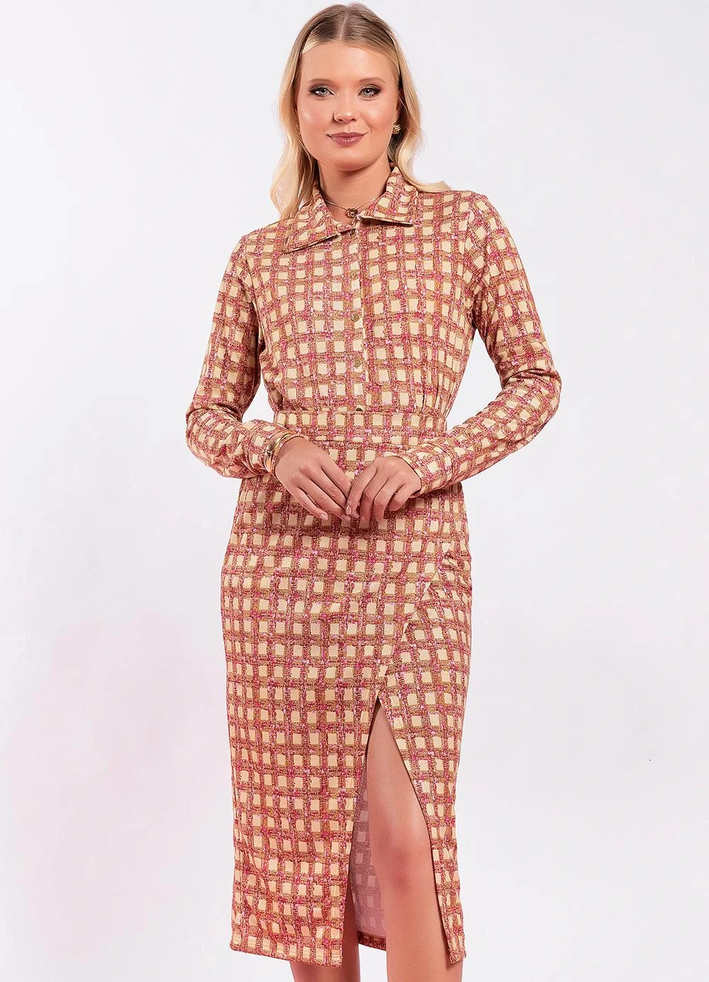 Moda Pop - Saia Xadrez Textura em Malha