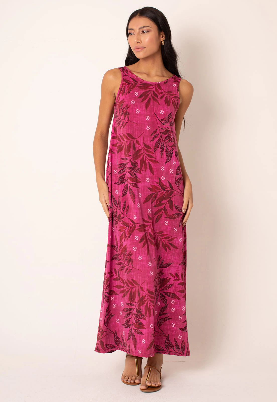 Vestido Fluxy Regata Decote Careca - Nature Print Pink