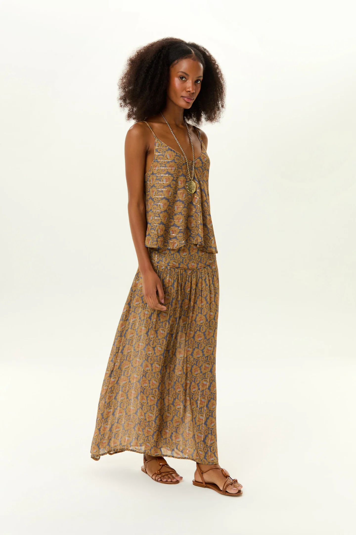 Saia Midi Estampa Leaf Denim