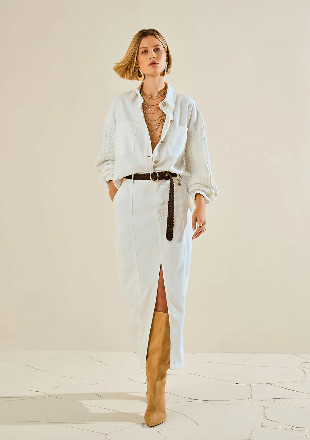 Saia Morena Rosa Reta Alta Midi Off White