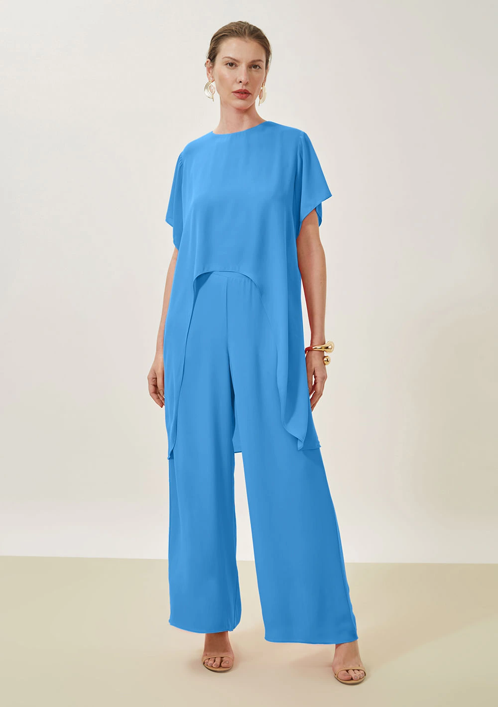 Blusa Maria.Valentina Solta Decote Canoa Manga Curta Alongada Azul