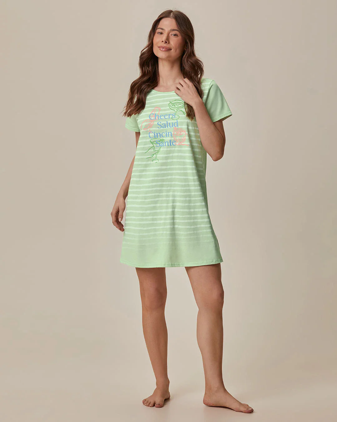Camisola Feminina Manga Curta Cheers Salud Em Meia Malha 100% Algodão