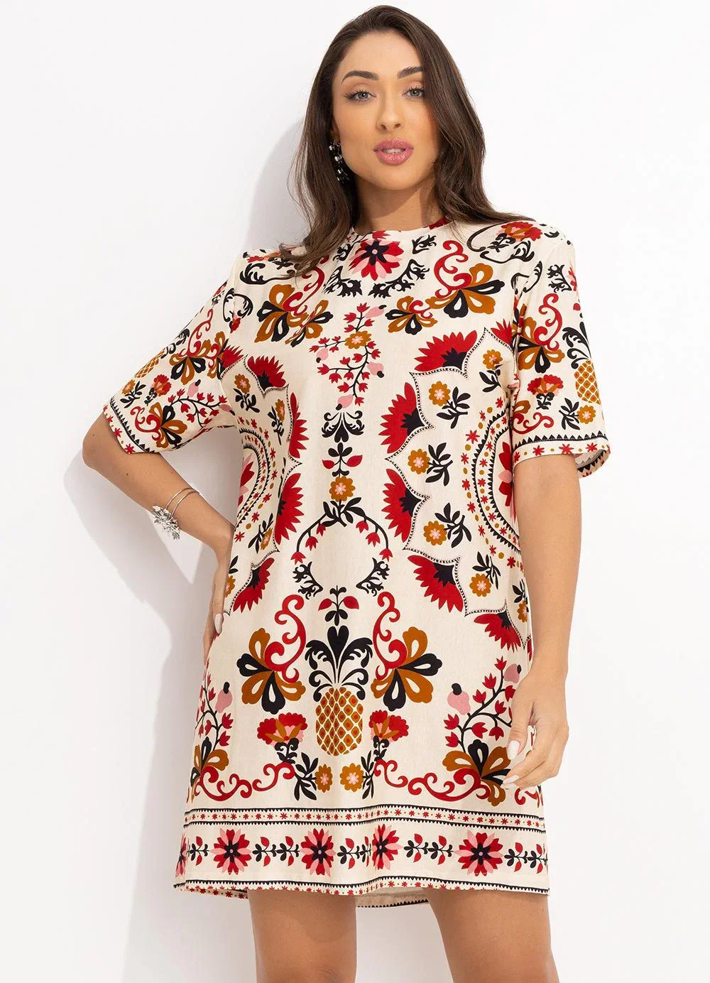 Farm - Vestido T-Shirt Mandala de Caju Bege