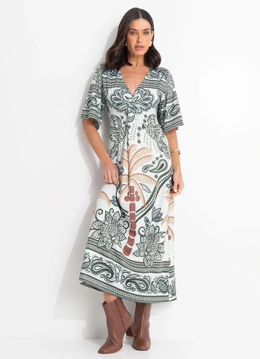 Quintess - Vestido Barrado Tropical Verde em Malha Fria