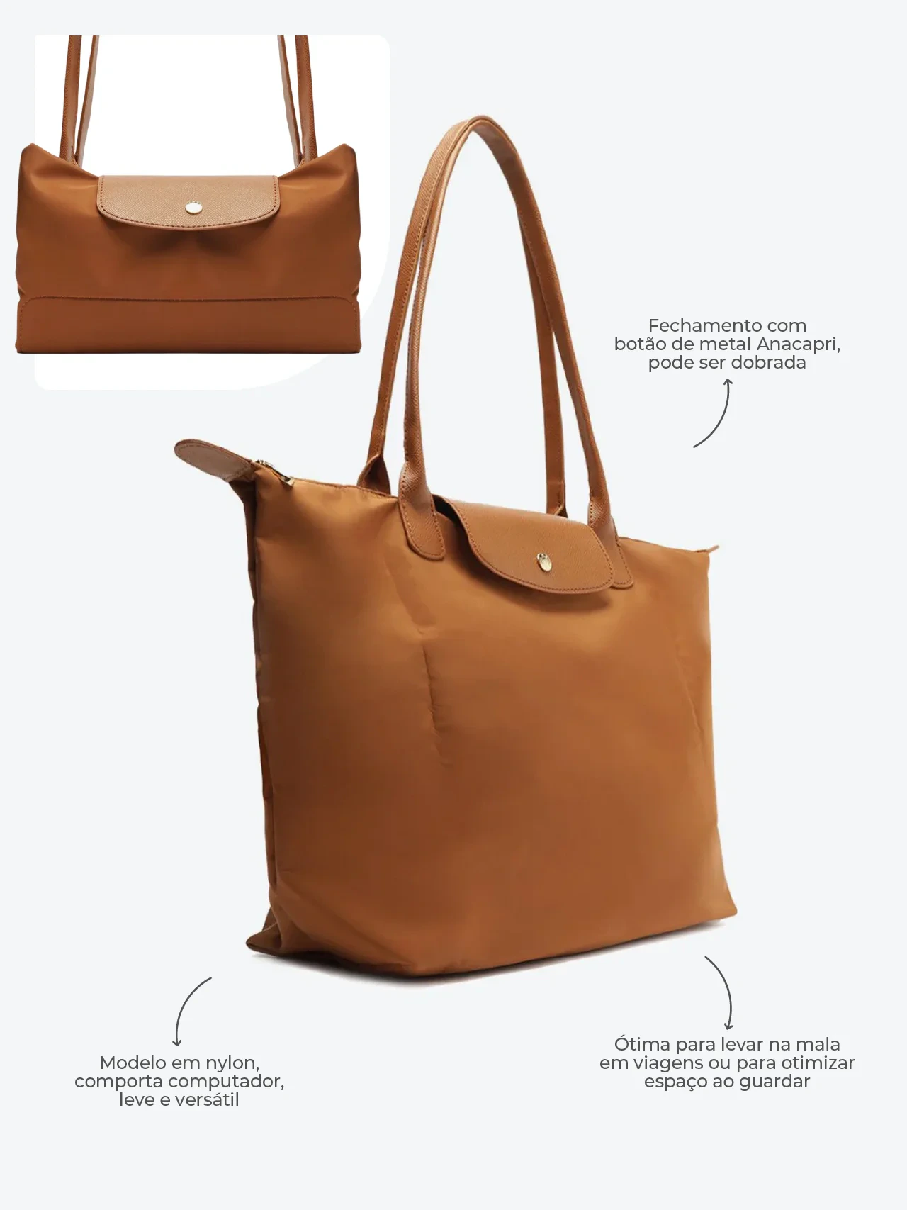 Bolsa Shopping Grande Nylon Botão Marrom