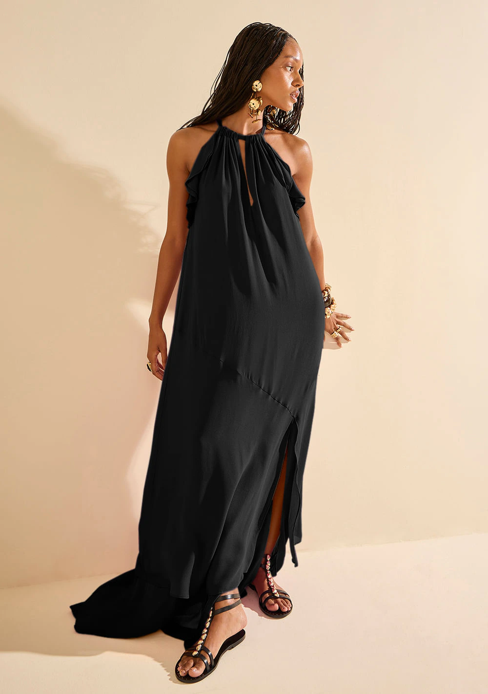 Vestido Morena Rosa Solto Decote V Sem Manga Longo Preto