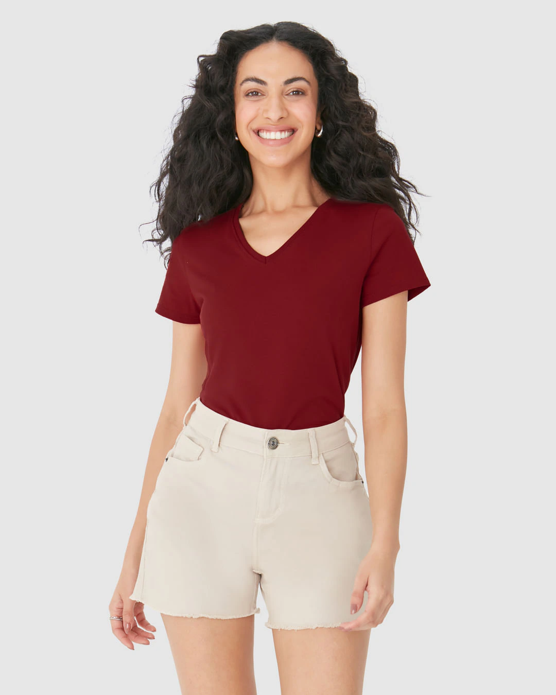 Camiseta Básica Feminina Slim Decote V Em Algodão