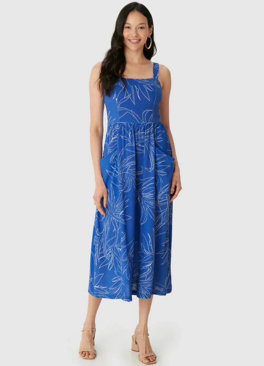 Malwee - Vestido Mídi Evasê Tropical Azul Royal