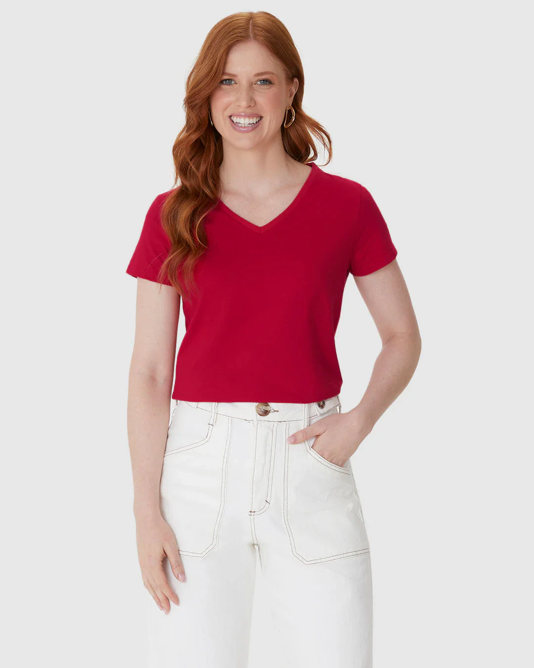 Camiseta Básica Feminina Slim Decote V Em Algodão