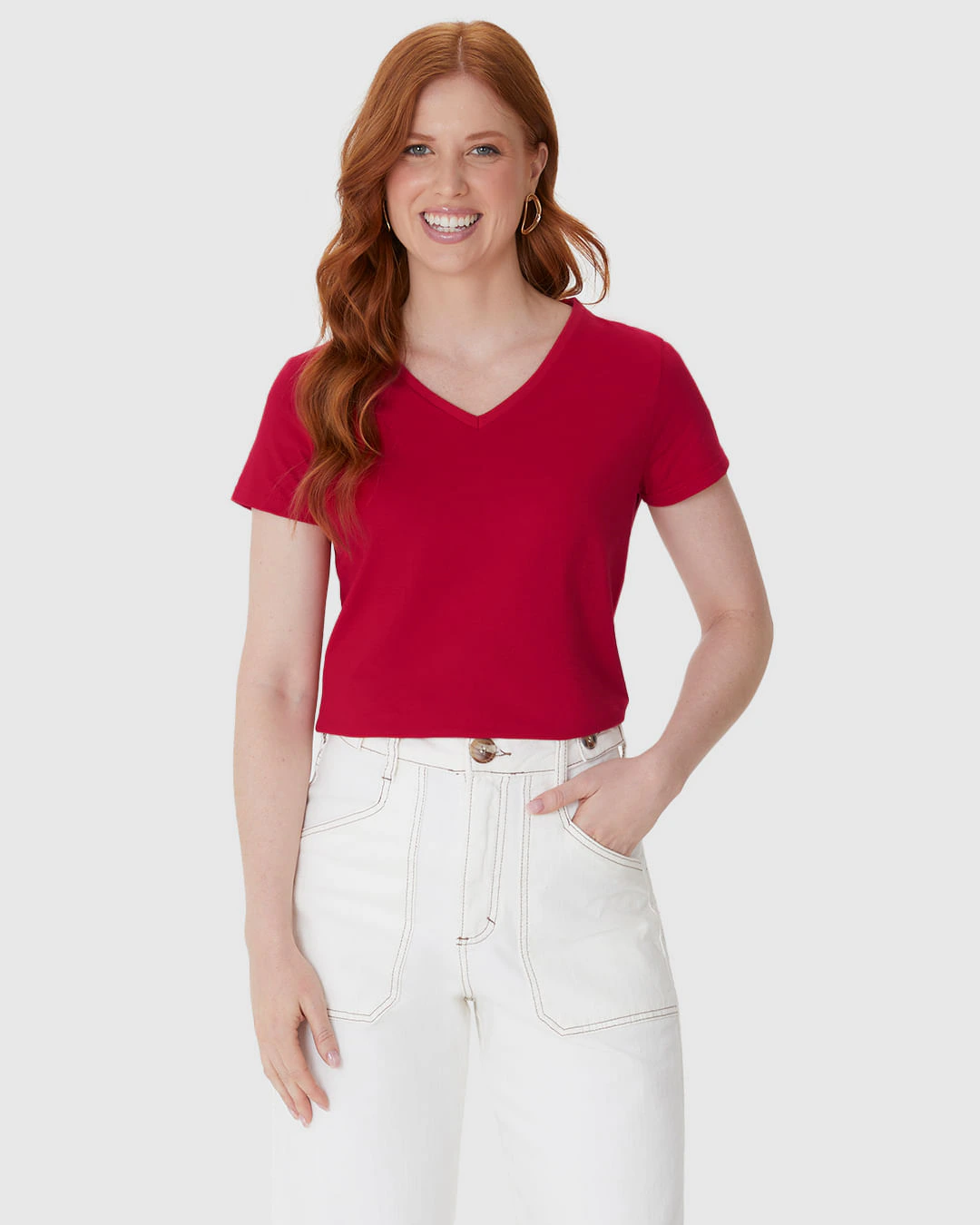 Camiseta Básica Feminina Slim Decote V Em Algodão