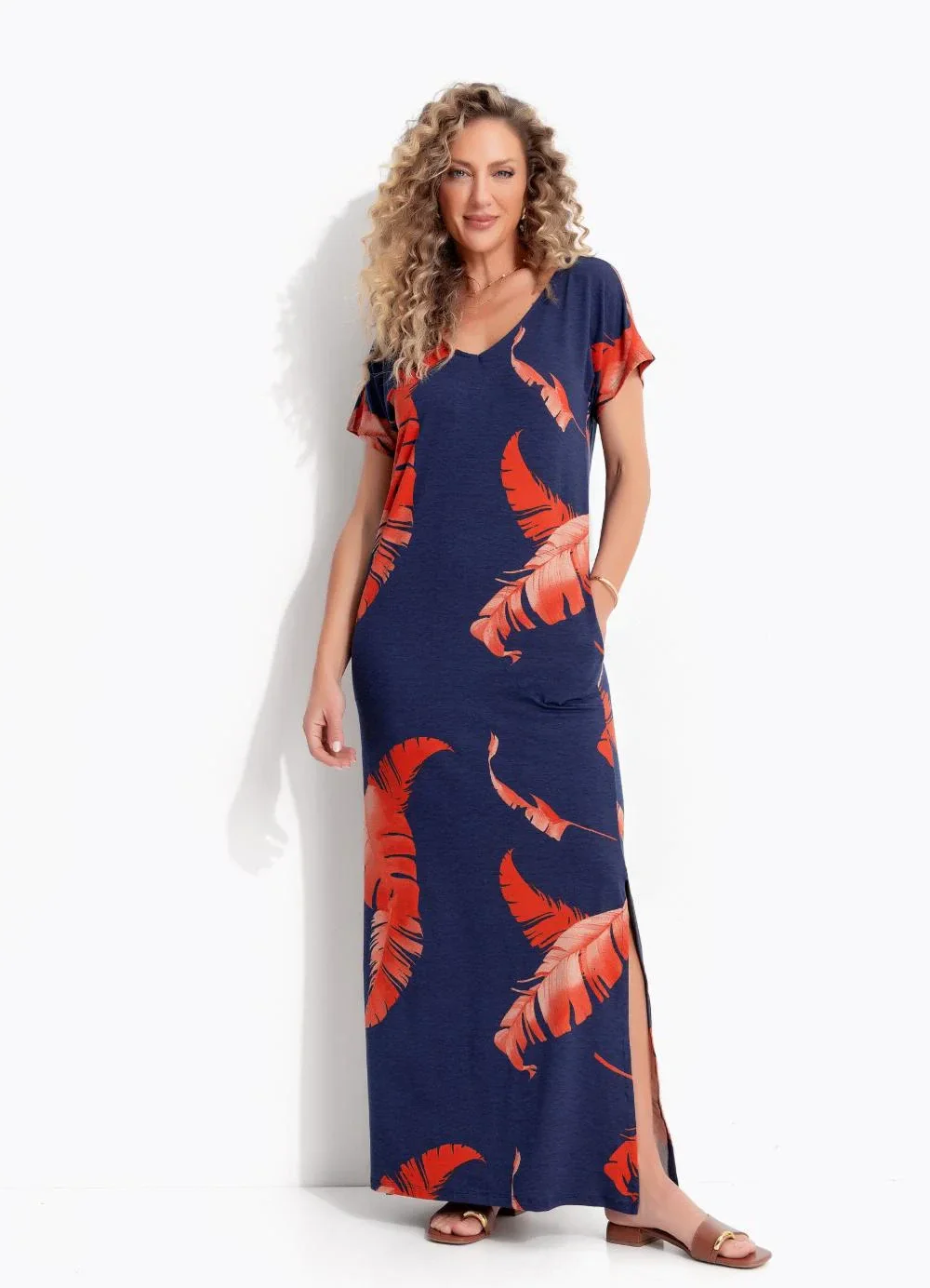 Quintess - Vestido Folhagem Telha em Malha de Viscose