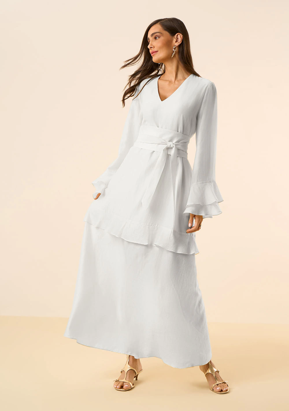 Vestido Maria.Valentina Solto Decote V Manga Longa Longo Cinza