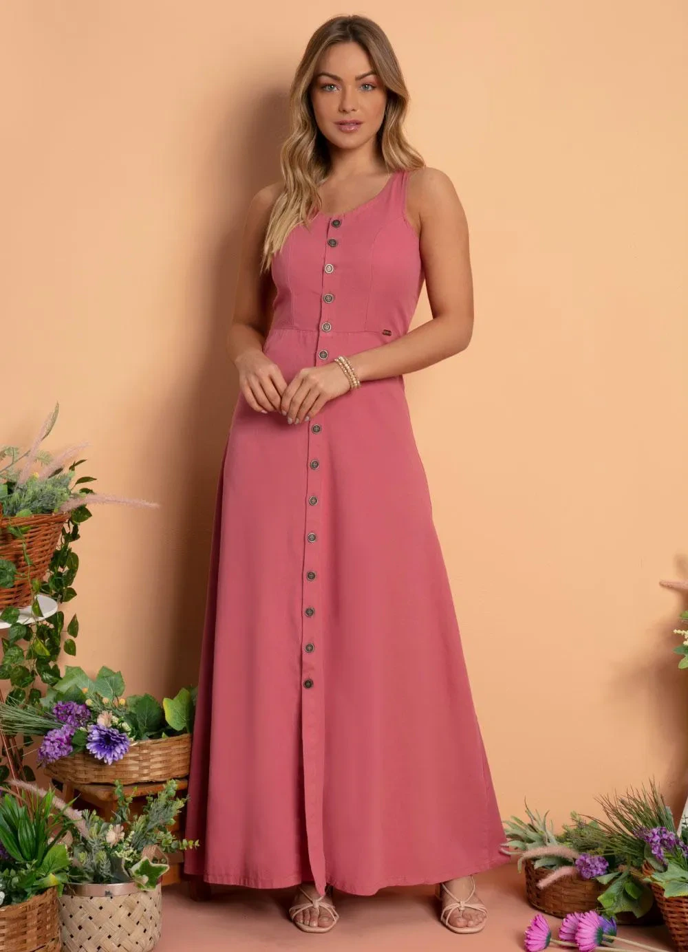 Quintess - Vestido Longo Jeans Rosa com Botões