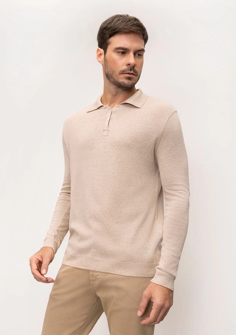 Blusa Gola Polo Manga Longa Tricot Bege