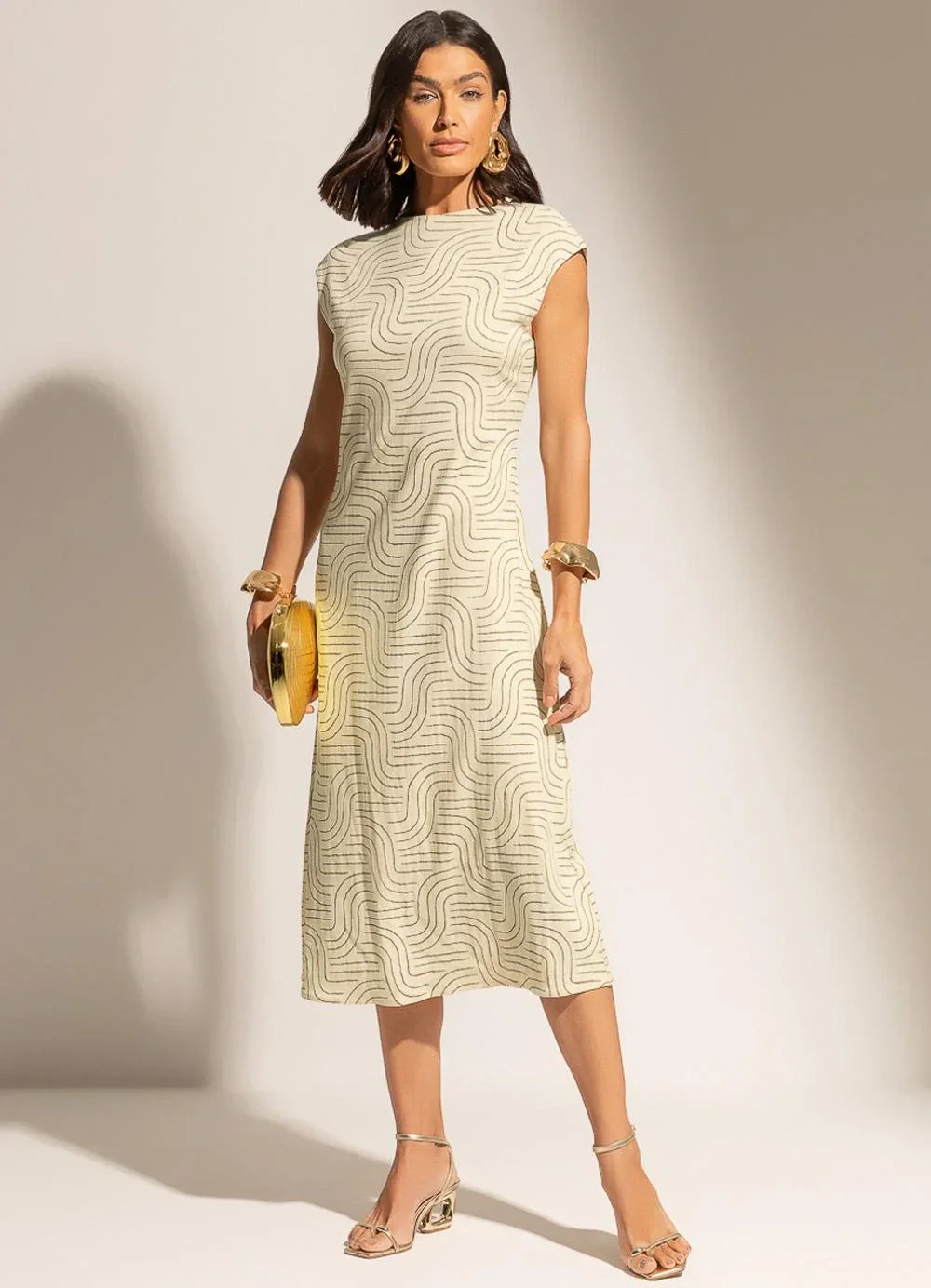 Gris - Vestido Midi em Viscose com Elastano Bege