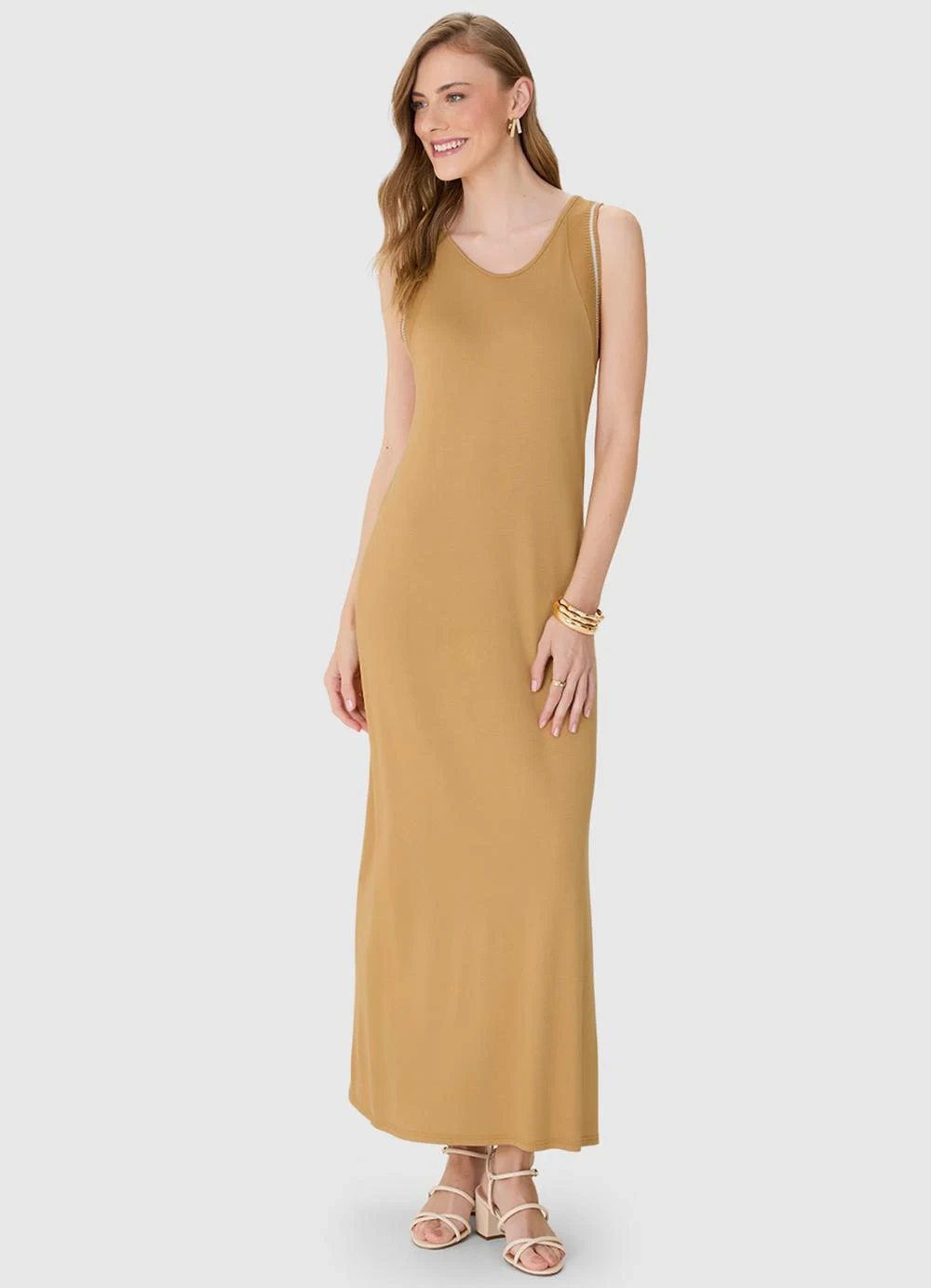 Malwee - Vestido Mídi Reto em Viscose Amarelo Mostarda