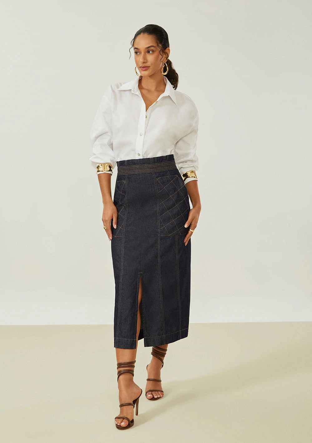 Camisa Maria.Valentina Oversized Gola Tradicional Manga Longa Padrão Branco