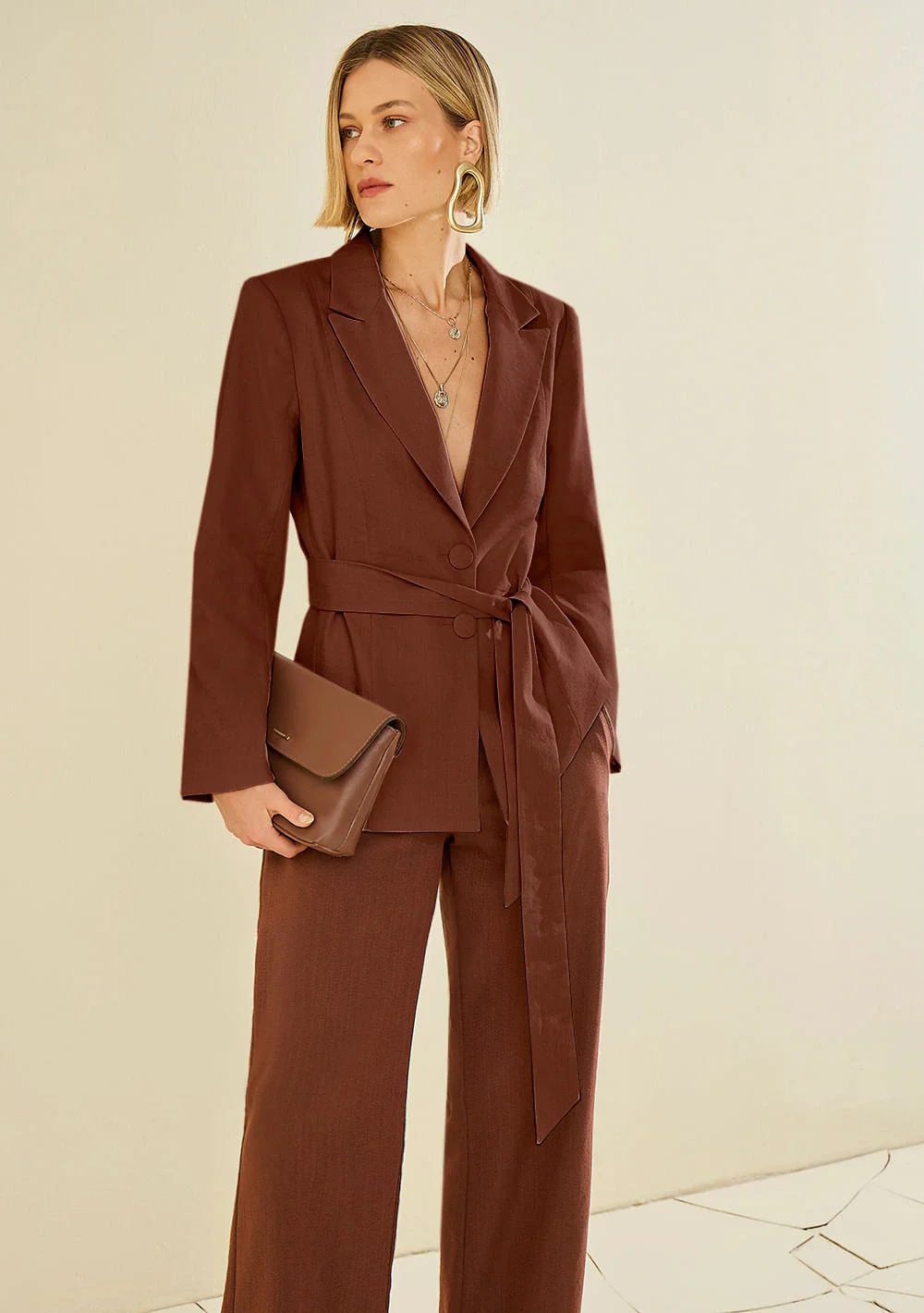 Blazer Morena Rosa Solto Manga Longa Padrão Marrom
