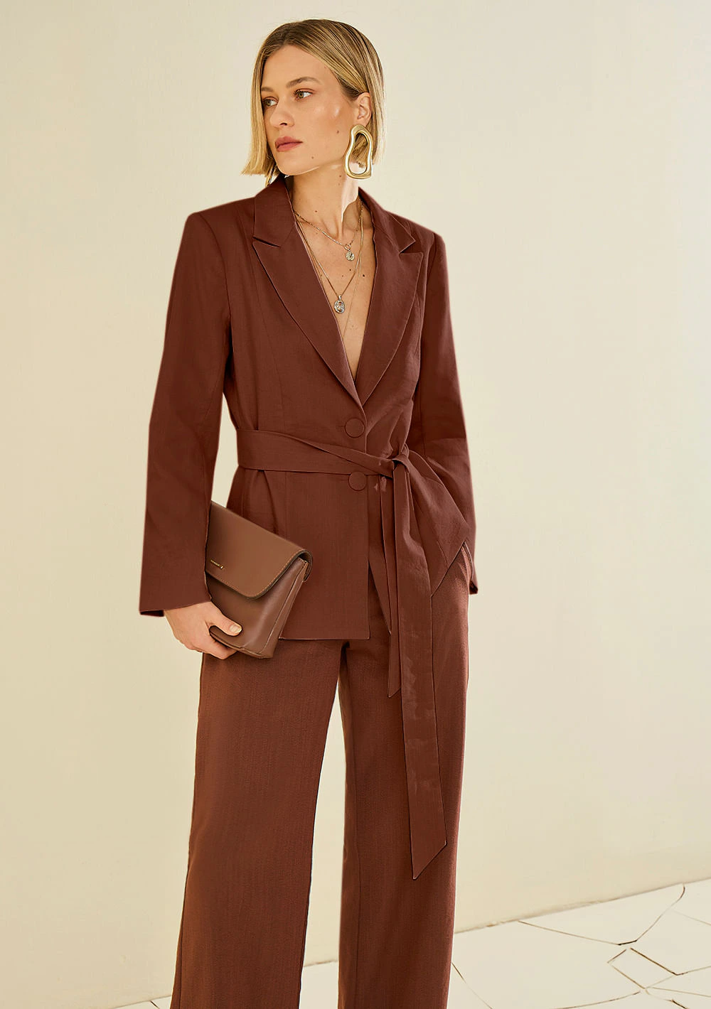 Blazer Morena Rosa Solto Manga Longa Padrão Marrom