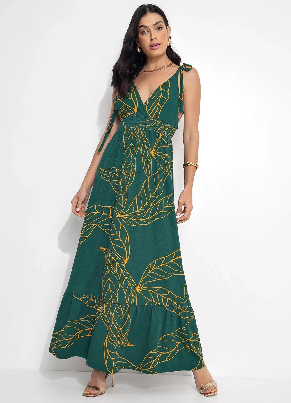 Quintess - Vestido Longo Folhagem Verde com Alças e Babado