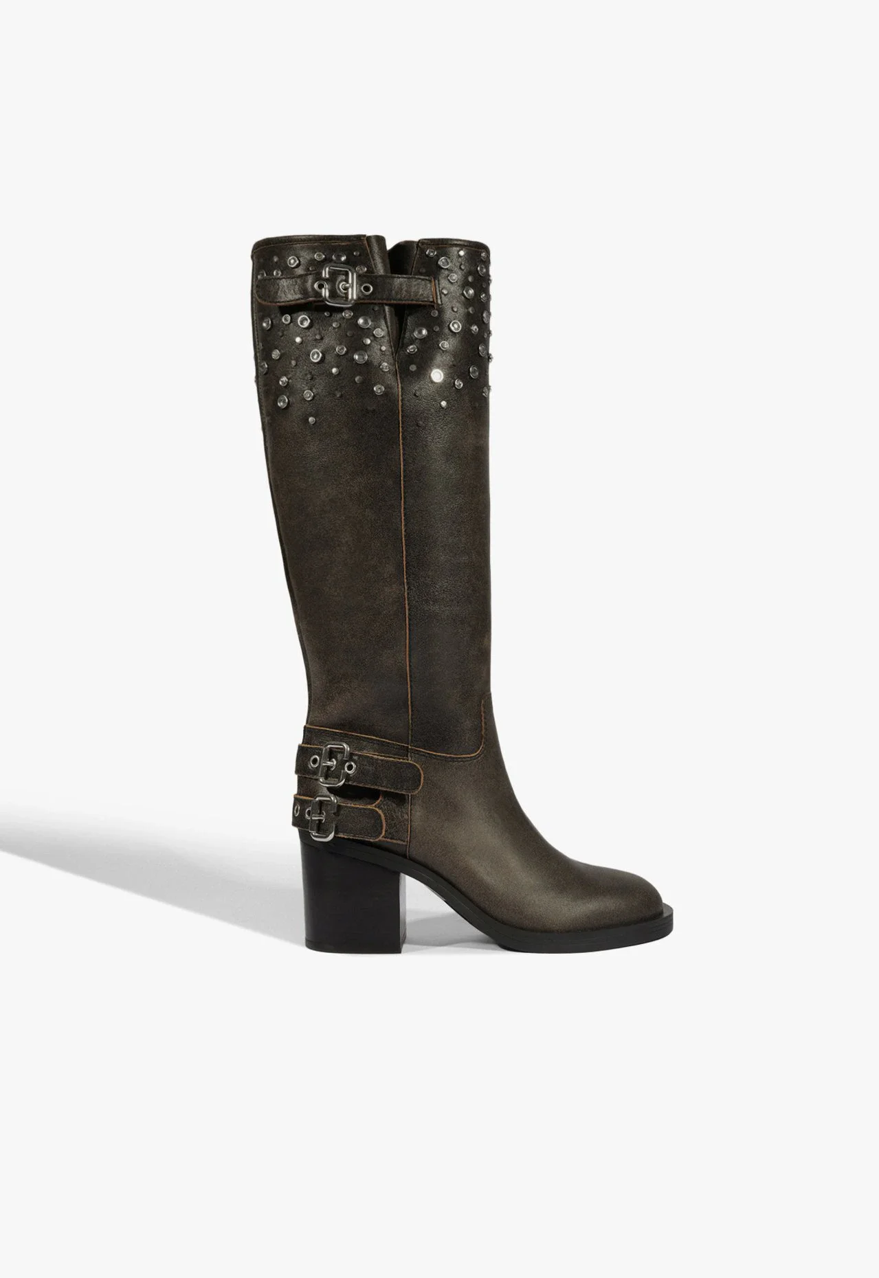 Bota Cano Longo Lea Couro Preta Efeito Estonado
