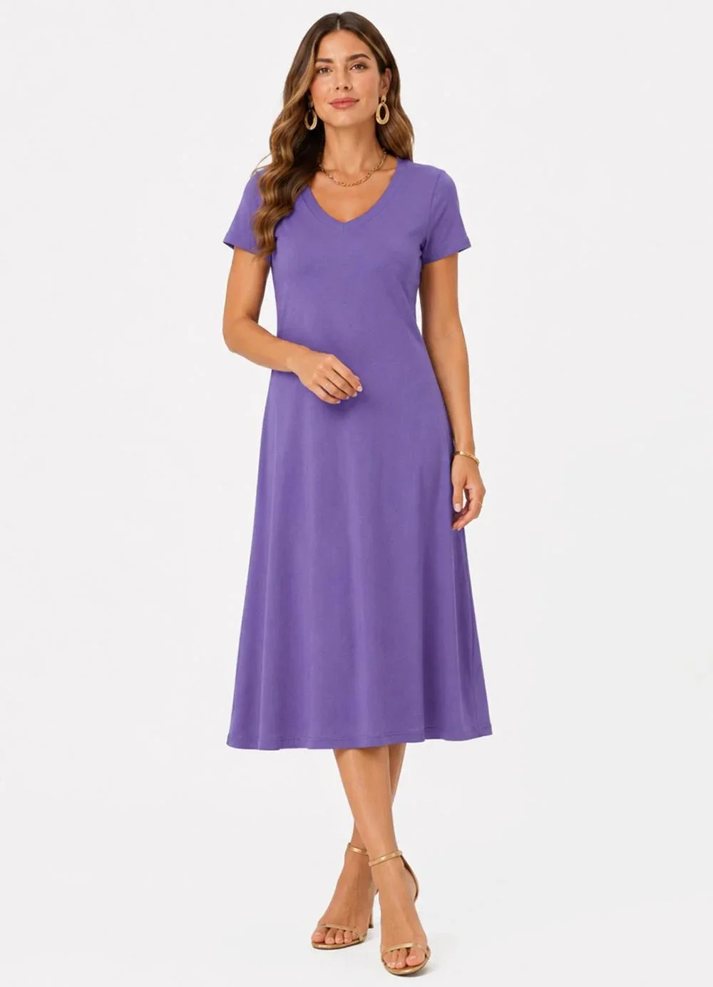 Rovitex - Vestido Midi com Decote em V Malha Visco Roxo