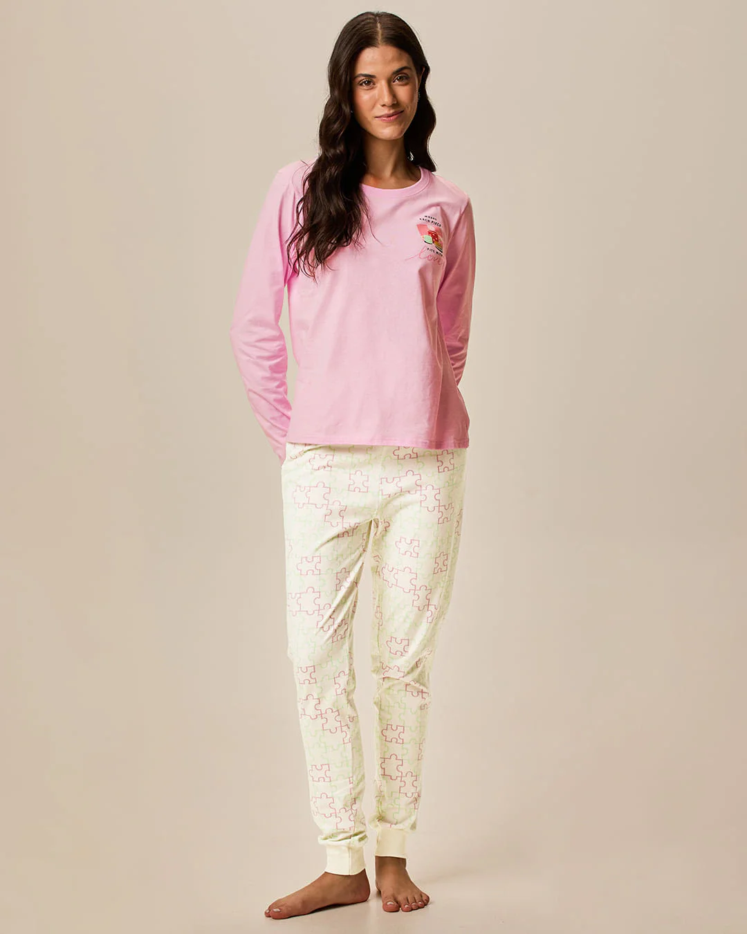 Pijama Feminino Blusa Manga Longa E Calça Estampada Em Algodão