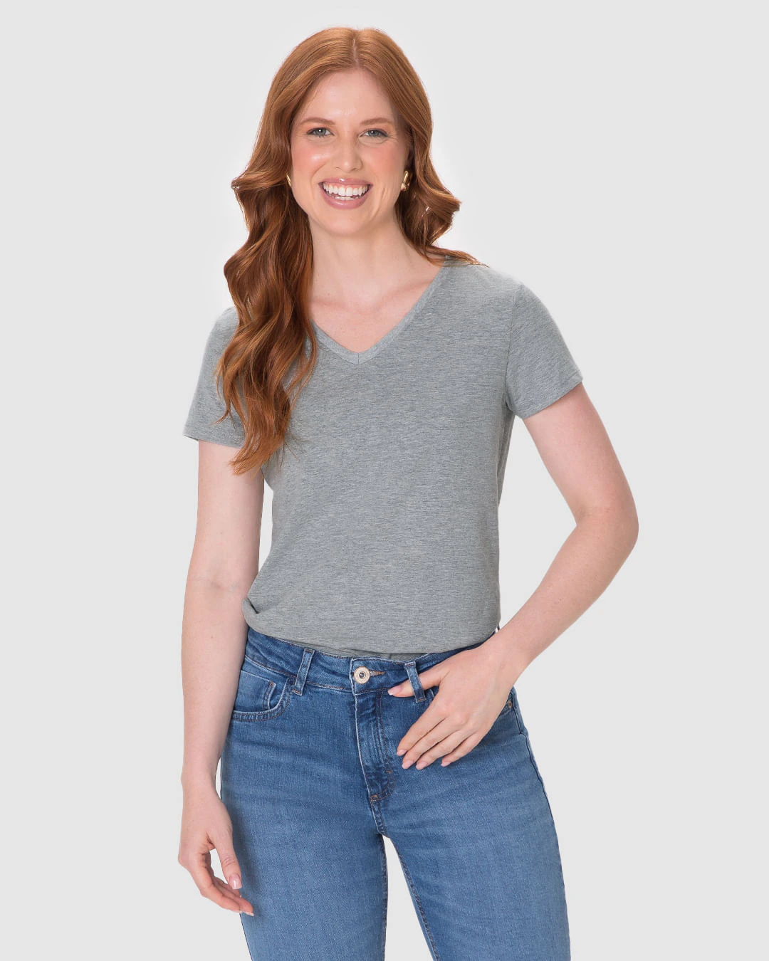 Camiseta Básica Feminina Slim Decote V Em Algodão
