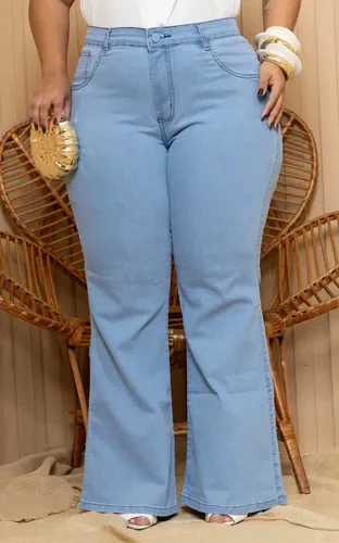 Calça Wide Leg Jeans Plus Size Feminina Cós Alto Confortável
