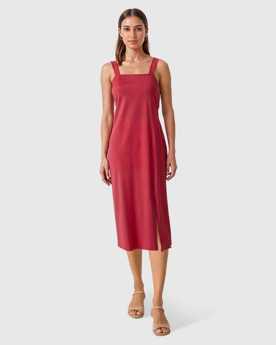 Vestido Feminino Decote Reto Fenda Frontal Em Malha Algodão