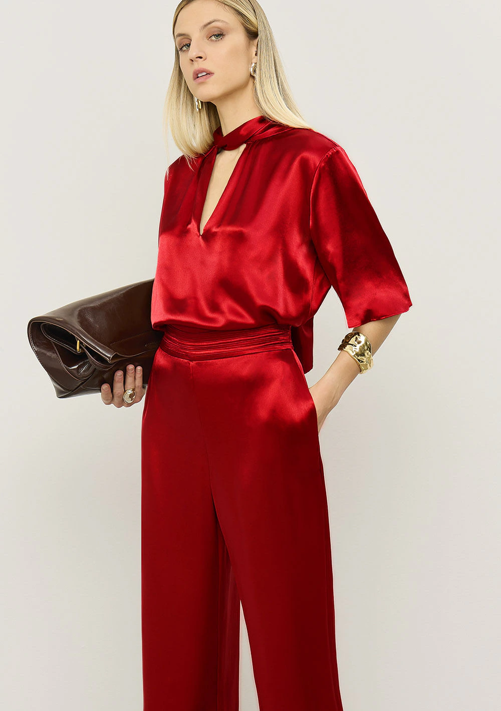 Blusa Iódice Solta Gola Alta Manga Curta Padrão Vermelho
